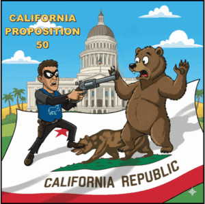 California proposition 50 protest illustration with a person aiming a gun at a bear and a dog, featuring the california republic flag background and state capitol building.