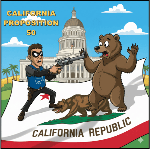 California proposition 50 protest illustration with a person aiming a gun at a bear and a dog, featuring the california republic flag background and state capitol building.