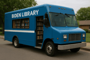 Bus with "Biden Library" lettering, converted into a mobile library with books visible through the windows, parked outdoors on a suburban street.