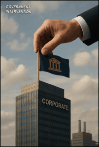 Hand placing a government intervention flag on a corporate skyscraper representing government regulation and corporate oversight.