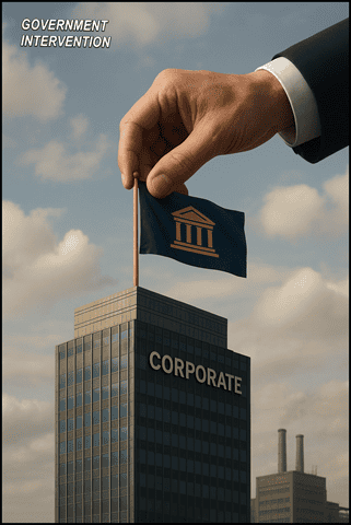 Hand placing a government intervention flag on a corporate skyscraper representing government regulation and corporate oversight.