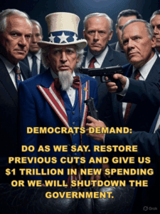 Uncle Sam surrounded by stern officials demanding government spending cuts to avoid shutdown.