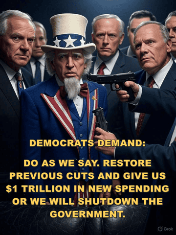 Uncle Sam surrounded by stern officials demanding government spending cuts to avoid shutdown.
