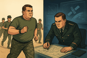 Soldier running with a group of troops behind him in a desert environment.