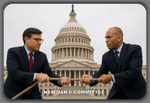 Rival politicians engaged in a tug-of-war with a rope in front of the U.S. Capitol building, symbolizing political struggle and opposition, with the text "New Jan 6 Committee" at the bottom.