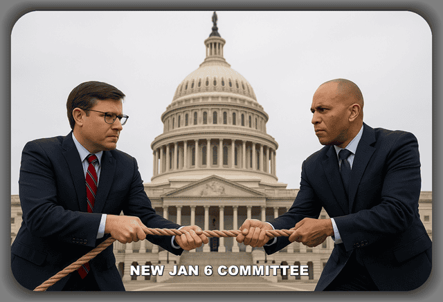 Rival politicians engaged in a tug-of-war with a rope in front of the U.S. Capitol building, symbolizing political struggle and opposition, with the text "New Jan 6 Committee" at the bottom.