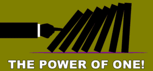 Illustration of a hand stopping dominoes from falling, symbolizing individual influence and decisive action in politics and society.