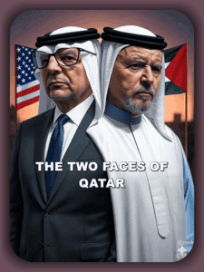 American and Qatari leaders wearing traditional attire and face masks, standing with flags in the background, representing the two faces of Qatar; political and cultural diplomacy. | Two prominent figures representing the contrasting faces of Qatar, highlighting diplomatic relations, cultural identity, and geopolitical significance in the Middle East. | A striking image of an American diplomat and a Qatari official in traditional dress, symbolizing the complex political and cultural relationships between the United States and Qatar, emphasizing diplomacy, international relations, and regional influence. | relevance.