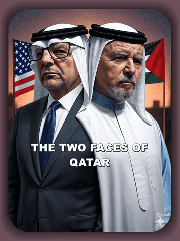 American and Qatari leaders wearing traditional attire and face masks, standing with flags in the background, representing the two faces of Qatar; political and cultural diplomacy. | Two prominent figures representing the contrasting faces of Qatar, highlighting diplomatic relations, cultural identity, and geopolitical significance in the Middle East. | A striking image of an American diplomat and a Qatari official in traditional dress, symbolizing the complex political and cultural relationships between the United States and Qatar, emphasizing diplomacy, international relations, and regional influence. | relevance.