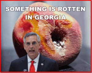 Rotting peach with mold and decay overlaid with a politician speaking, symbolizing corruption or decline in Georgia - headline "Something is Rotten in Georgia".