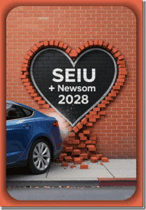 A heart-shaped brick wall with "SEIU + Newsom 2028" written inside, shows a blue car crashing into it and breaking the wall, symbolizing political impact and activism.