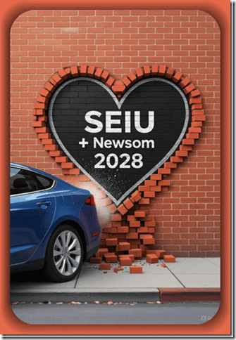 A heart-shaped brick wall with "SEIU + Newsom 2028" written inside, shows a blue car crashing into it and breaking the wall, symbolizing political impact and activism.
