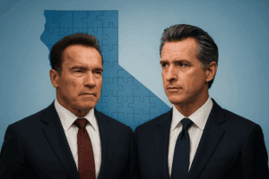 California political debate, two men in formal suits discussing serious issues, dramatic background with abstract map, representing political discourse, policy debate, government officials, or political analysts.