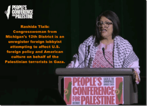 Rashida Tlaib speaking at the People's Conference for Palestine about foreign policy and U.S. support for Palestinian terrorists.