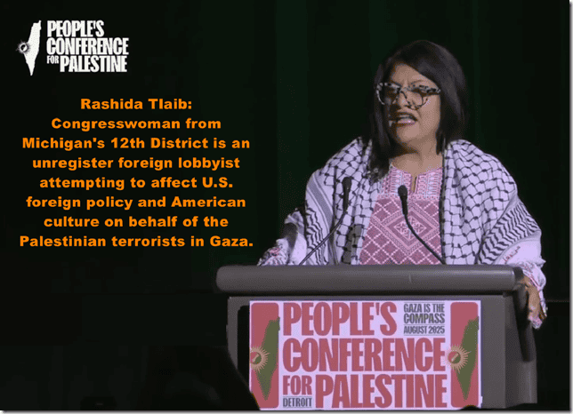 Rashida Tlaib speaking at the People's Conference for Palestine about foreign policy and U.S. support for Palestinian terrorists.