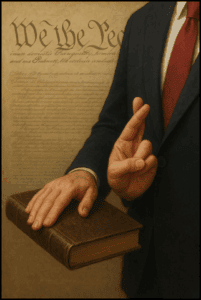 A man in a suit holding a Bible with the Constitution in the background, symbolizing patriotism and legal rights.