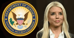 Department of Justice National Security Division seal alongside a blonde woman in formal attire, representing government and legal oversight; related to national security and justice topics.