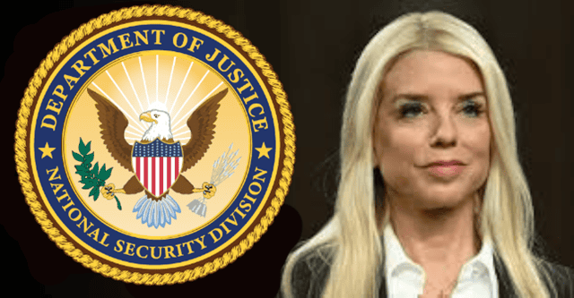 Department of Justice National Security Division seal alongside a blonde woman in formal attire, representing government and legal oversight; related to national security and justice topics.