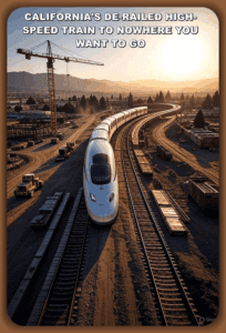 California high-speed train construction site with cranes and tracks, symbolizing infrastructure development and transportation innovation.