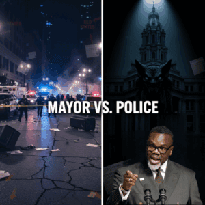 Protest scene with police and city chaos, city skyline at night, emergency lights, urban disturbance, Mayor vs. Police related to civil unrest and governance.