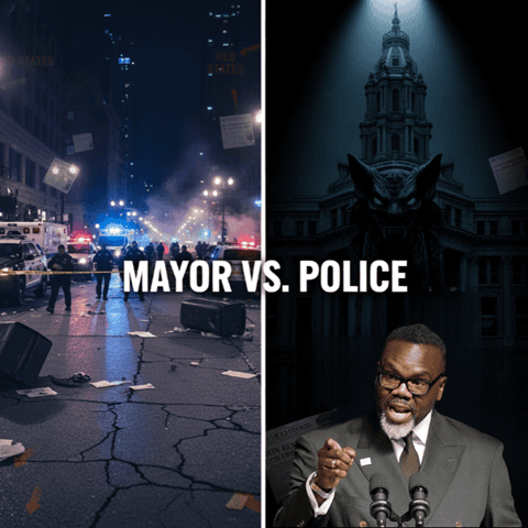 Protest scene with police and city chaos, city skyline at night, emergency lights, urban disturbance, Mayor vs. Police related to civil unrest and governance.