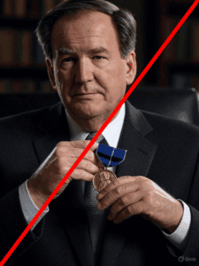Medal recipient in a formal suit holding a blue ribbon medal, symbolizing recognition and achievement, with a background of a library or study setting.
