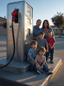 Electric vehicle charging station with a family of five at sunset, promoting clean energy and sustainable transportation.