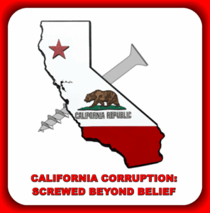 California map illustration with state flag, bear, and star, highlighting issues of government corruption and political accountability.