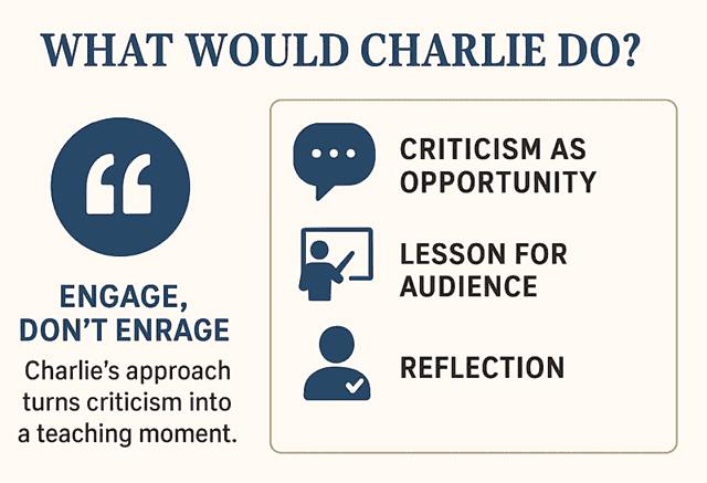 Engage don’t enrage: Charlie’s approach transforms criticism into constructive teaching moments for better audience understanding.
