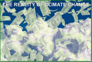 Money flying through the sky symbolizes the financial impact of climate change, emphasizing economic concerns and the urgent need for action on environmental issues.
