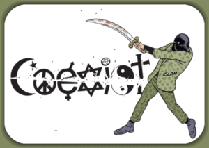 Extremist violent protester with a sword attacking the word "Freedom" in graffiti style, representing political activism and protest themes.