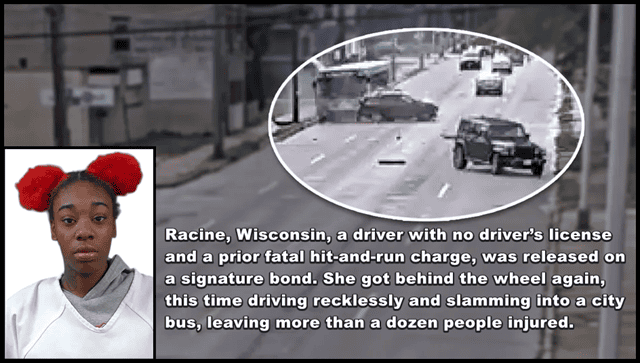 Racine, Wisconsin car accident involving an unlicensed driver with prior hit-and-run, reckless driving, and city bus crash causing injuries and property damage.