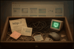 Cybersecurity concept with outdated technology, tangled wires, paper notes, and computer monitor, highlighting online security issues, digital safety, and internet risks for SEO keywords.