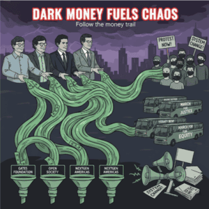 Dark money influence on chaos in society, illustrating flow of money from foundations to activist groups and protests, emphasizing systemic change and political manipulation.