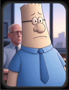 Concerned cartoon character from animated show disappointment or worry, in an office setting with large windows and cityscape background.