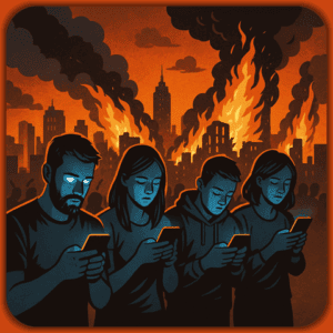 Futuristic illustration of young adults engrossed in their smartphones amidst a fiery, chaotic cityscape burned by flames and thick black smoke, symbolizing modern technology's impact on society.