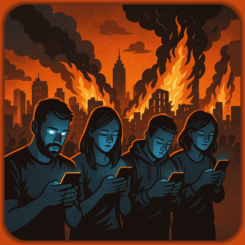 Futuristic illustration of young adults engrossed in their smartphones amidst a fiery, chaotic cityscape burned by flames and thick black smoke, symbolizing modern technology's impact on society.