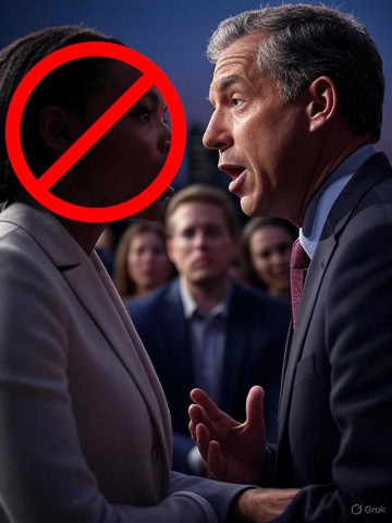 Prohibited sign over a woman's face during a heated debate at a political event, highlighting issues of censorship or suppression in public discourse.