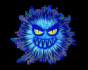 Blue animated virus cartoon with menacing eyes and sharp teeth for cybersecurity and online safety awareness.