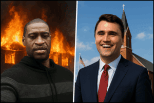 Burning building on fire and smiling man in business suit side by side, illustrating stark contrast in societal issues and political perspectives, symbolic image for political commentary and public discourse.