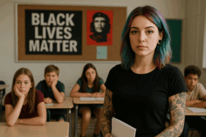 Black Lives Matter protest sign in classroom with young students and a young woman with tattoos holding a notebook.