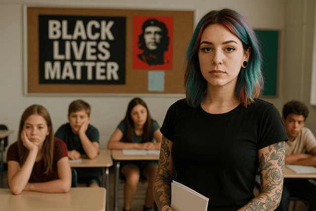 Black Lives Matter protest sign in classroom with young students and a young woman with tattoos holding a notebook.