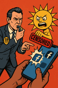 Censored social media warning, frustrated man with phone, social media censorship concept, free speech, online expression restrictions, news and commentary, digital activism, One Citizen Speaking.