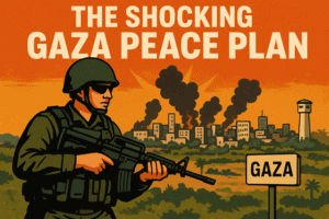 Military soldier holding rifle in front of Gaza cityscape with smoke and destruction, illustrating the urgent need for peace and a comprehensive Gaza peace plan.