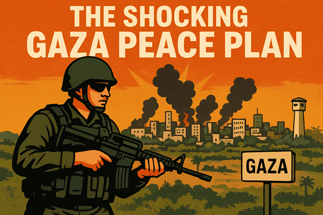Military soldier holding rifle in front of Gaza cityscape with smoke and destruction, illustrating the urgent need for peace and a comprehensive Gaza peace plan.
