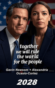 Middle-aged man and young woman in professional attire looking serious, with an American flag in the background, symbolizing American leadership and political discussion.