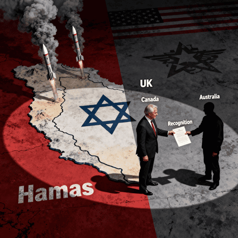 Israeli flag overlayed on Middle East map with Hamas militants, UK, Canada, Australia, and recognition agreement illustration recognizing Israel’s sovereignty and geopolitical conflicts.