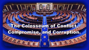 Congressional chamber with wooden desks, blue carpet, and American flag, symbolizing government conflict and political issues; relates to political discourse on compromise and corruption at OneCitizenSpeaking.org.