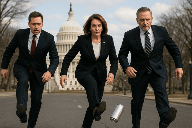 Federal politicians running in the street with the US Capitol in the background, symbolizing political action and activism.
