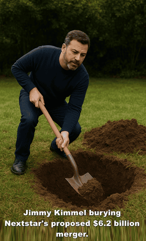 A man digging a large hole outdoors with a shovel, preparing to bury a time capsule or object in a lush green park or garden setting.